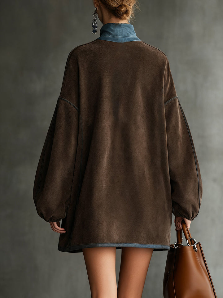 Brown Faux Suede Fleece High-Neck Zip-Up Oversized Mini Dress