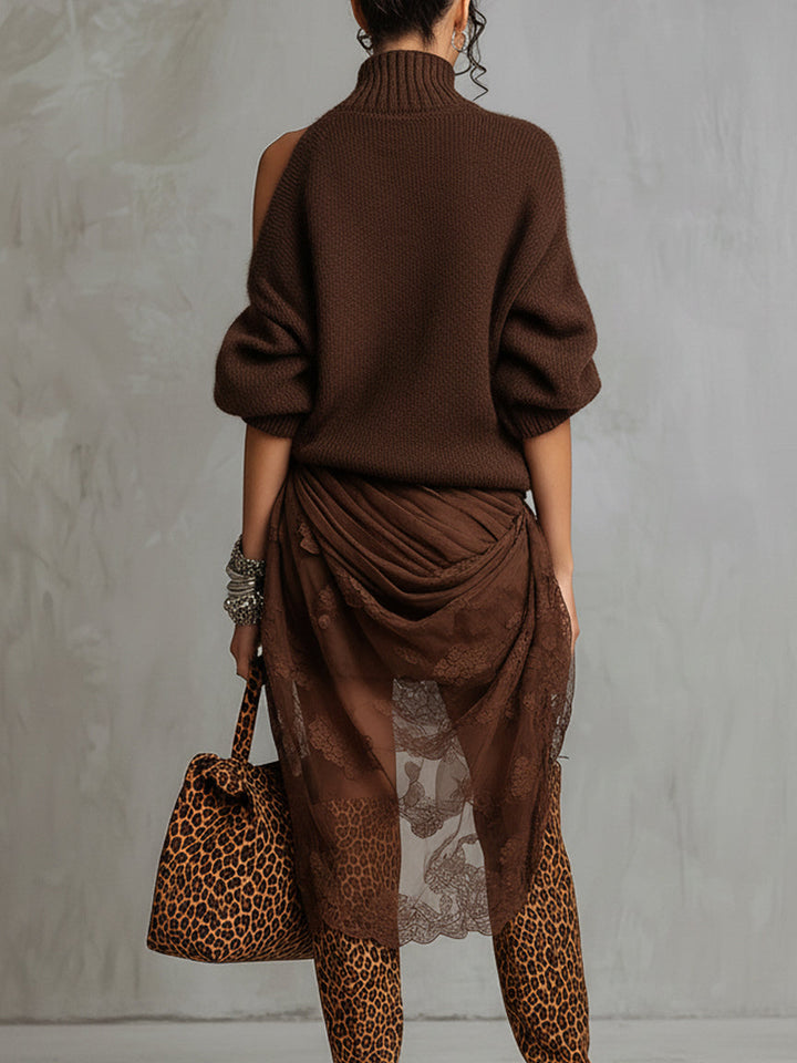 Chocolate Knit Off Shoulder Tulle Long Sleeve Midi Dress
