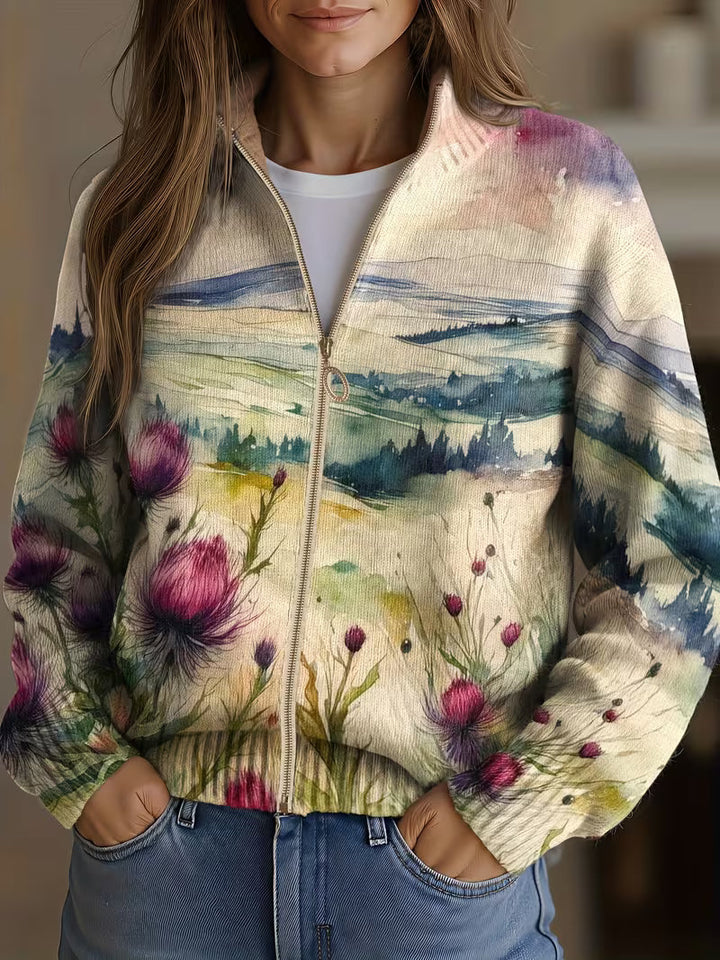 Zelda | Scottish Thistle Landscape Zip Cardigan