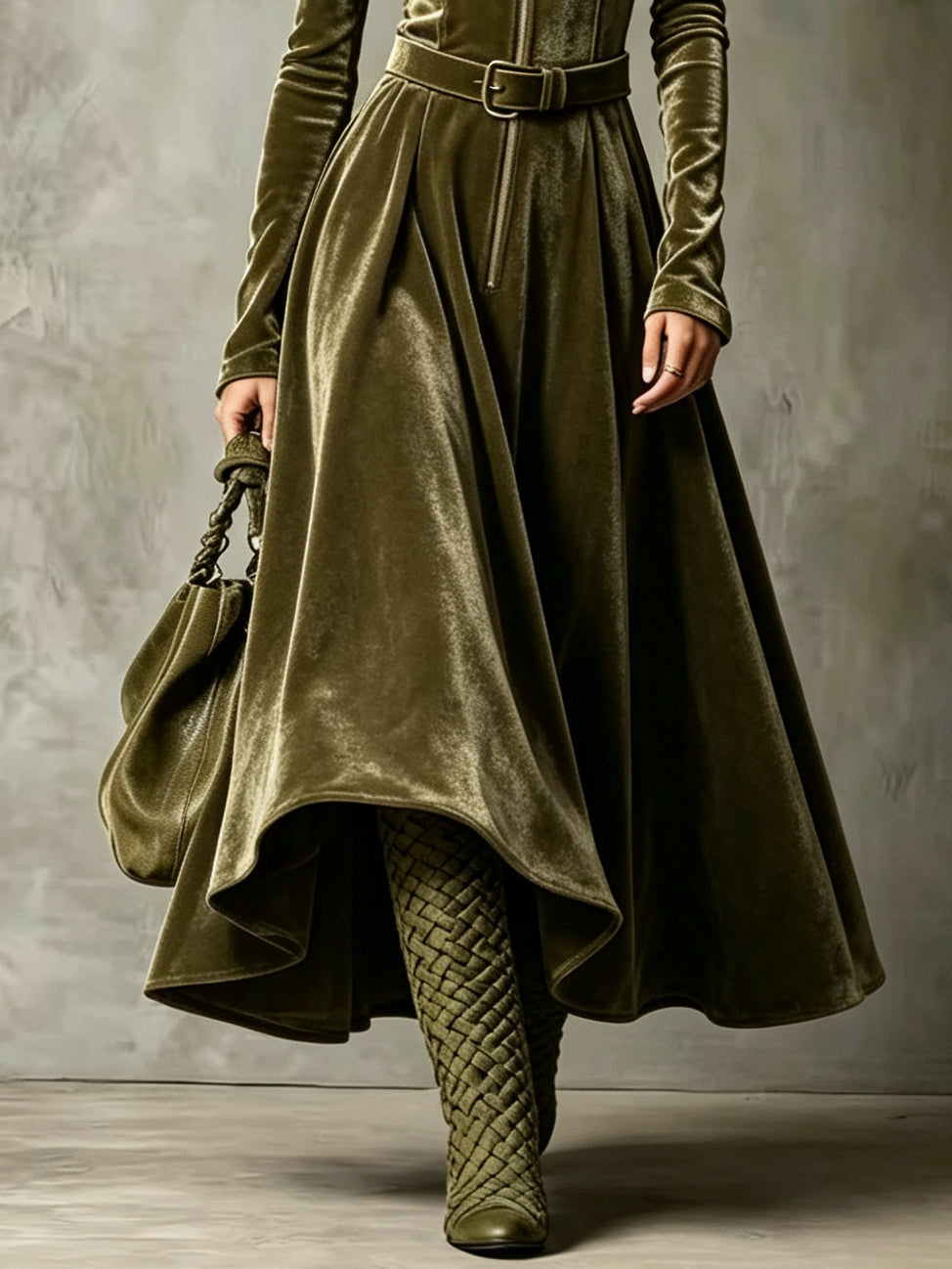 Raffaella | Long olive green velvet dress with vintage-style front zip (belt included)