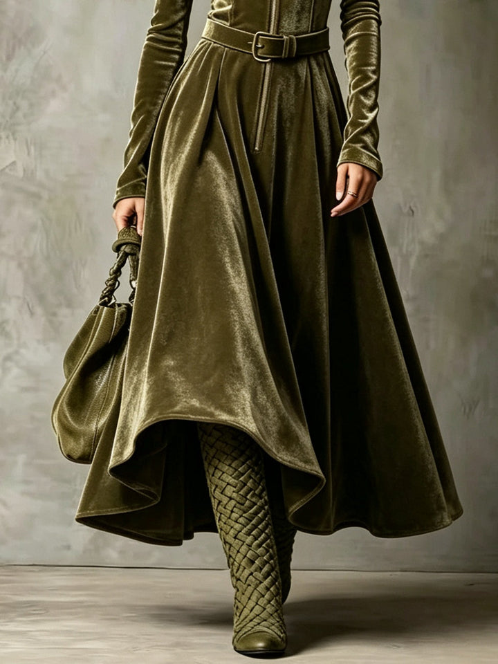 Raffaella | Long olive green velvet dress with vintage-style front zip (belt included)