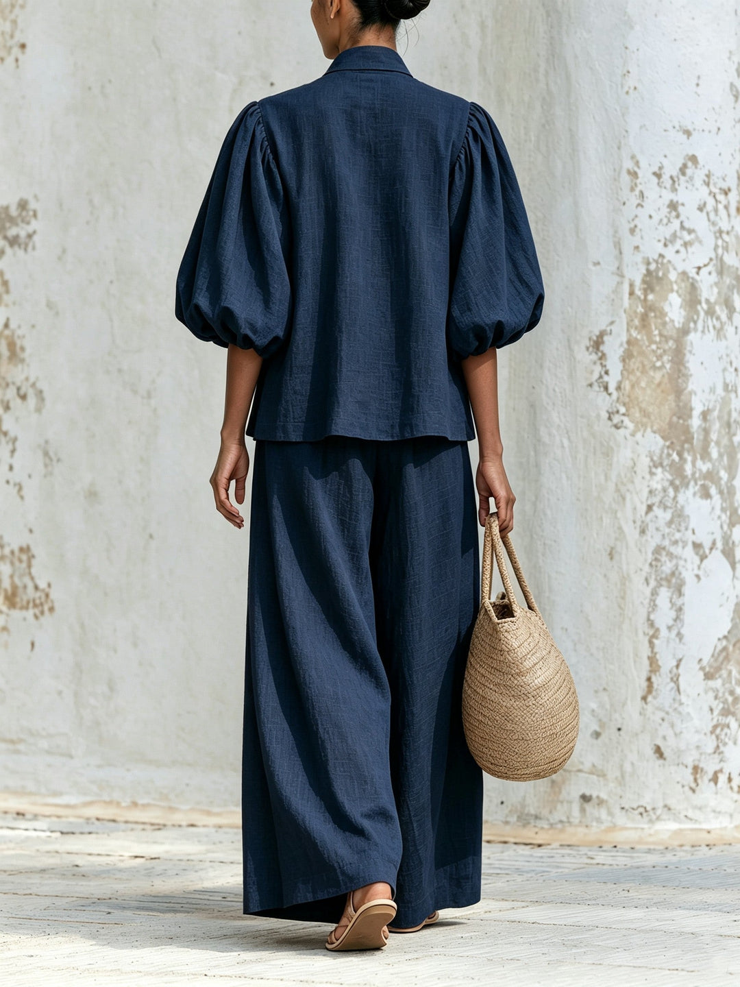 Linen-Blend Bow Tie Puff Sleeve Top & Wide-Leg Pants Set