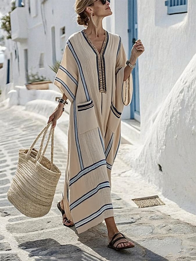 Elena Elegant Loose Striped Dress with Pockets
