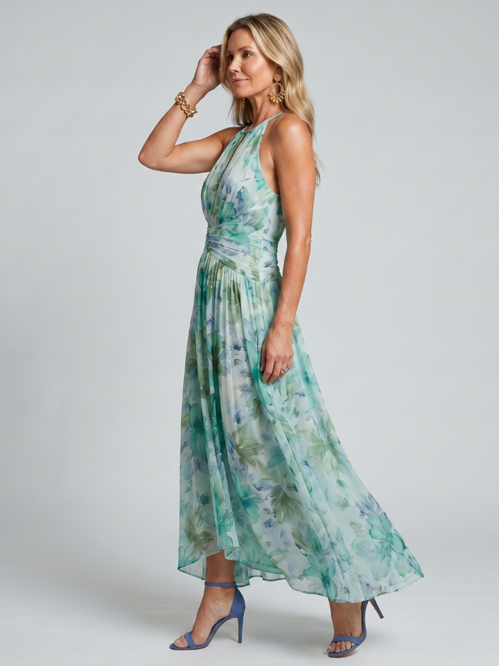 Portia Pleated Halter Soft Floral Pattern Midi Dress