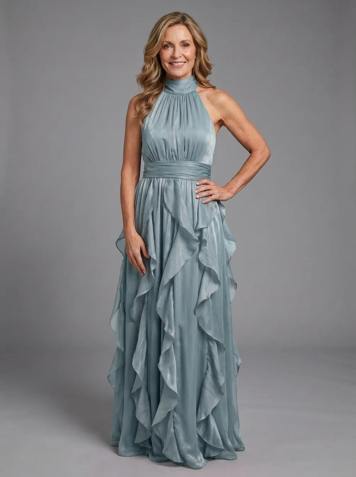 Orea High Neck Gathered Ruffle Layers Maxi Dress