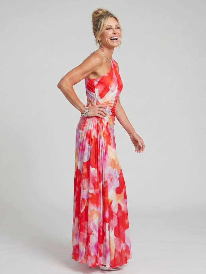 Taya One Shoulder Pleated Bodice Midi Dress
