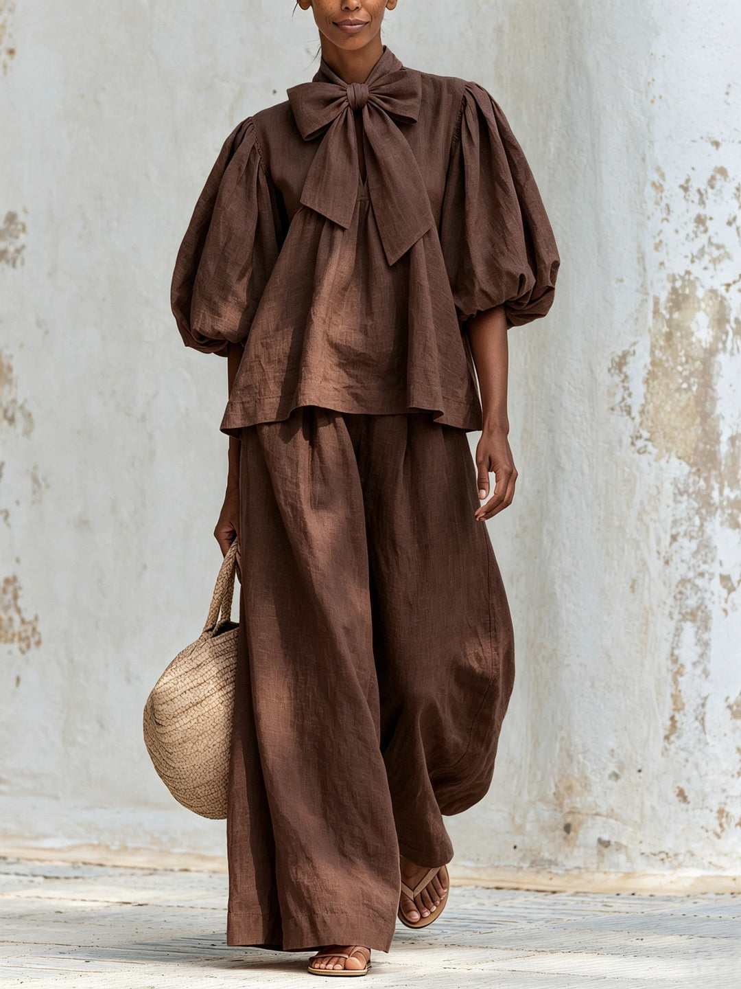 Linen-Blend Bow Tie Puff Sleeve Top & Wide-Leg Pants Set