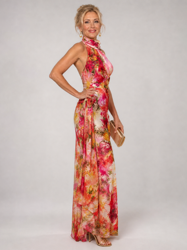 Elisabetta Halter Neck Floral Print Maxi Dress
