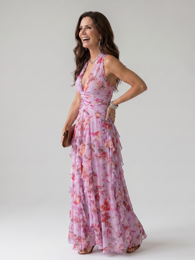 Nori Halter Neck Ruched Bodice Floral Maxi Dress