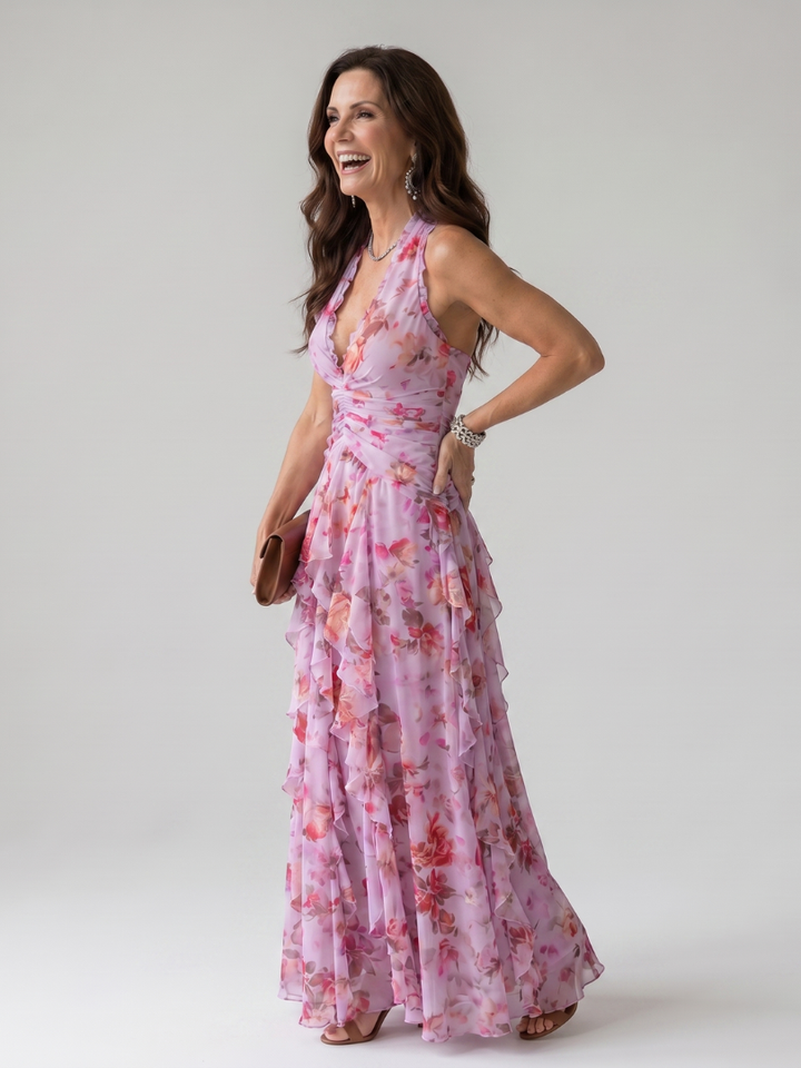 Nori Halter Neck Ruched Bodice Floral Maxi Dress