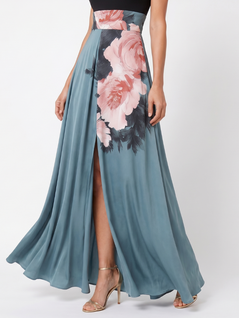 Olympas Halter Bodice Floral Skirt Maxi Dress