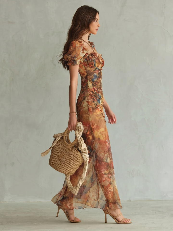 Ciel Ruffled Sleeve Ruched Slit Midi Dress