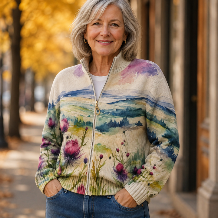 Zelda | Scottish Thistle Landscape Zip Cardigan