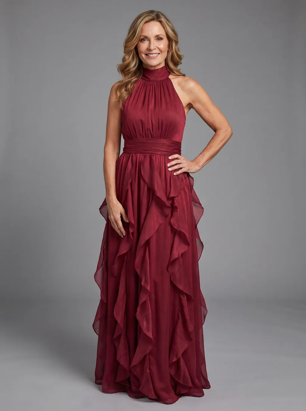 Orea High Neck Gathered Ruffle Layers Maxi Dress