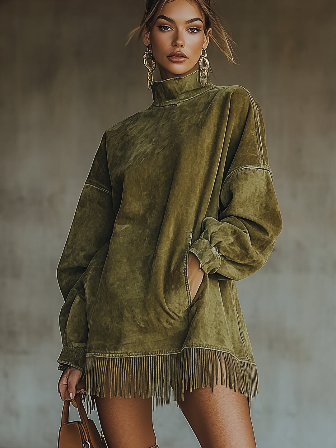 Olive Faux Suede Turtleneck Dress With Fringe Hem