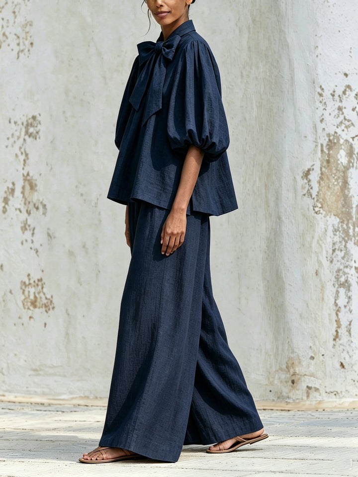 Linen-Blend Bow Tie Puff Sleeve Top & Wide-Leg Pants Set
