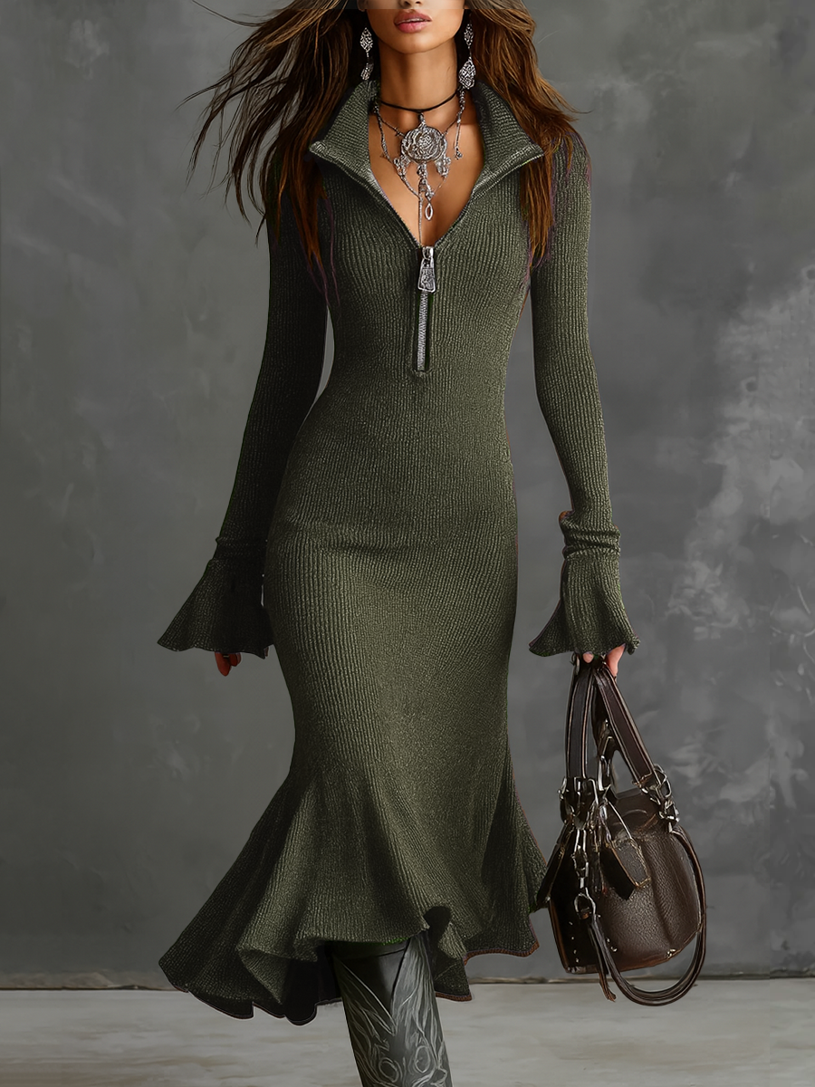 Danella Retro Zip Neck Knit Midi Dress