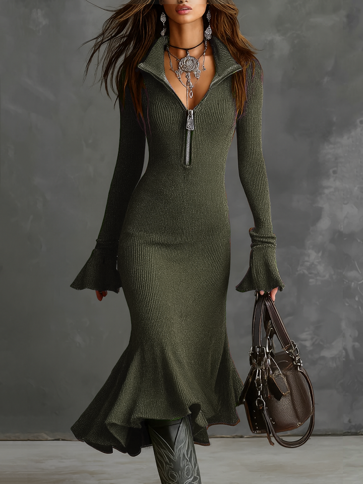 Danella Retro Zip Neck Knit Midi Dress
