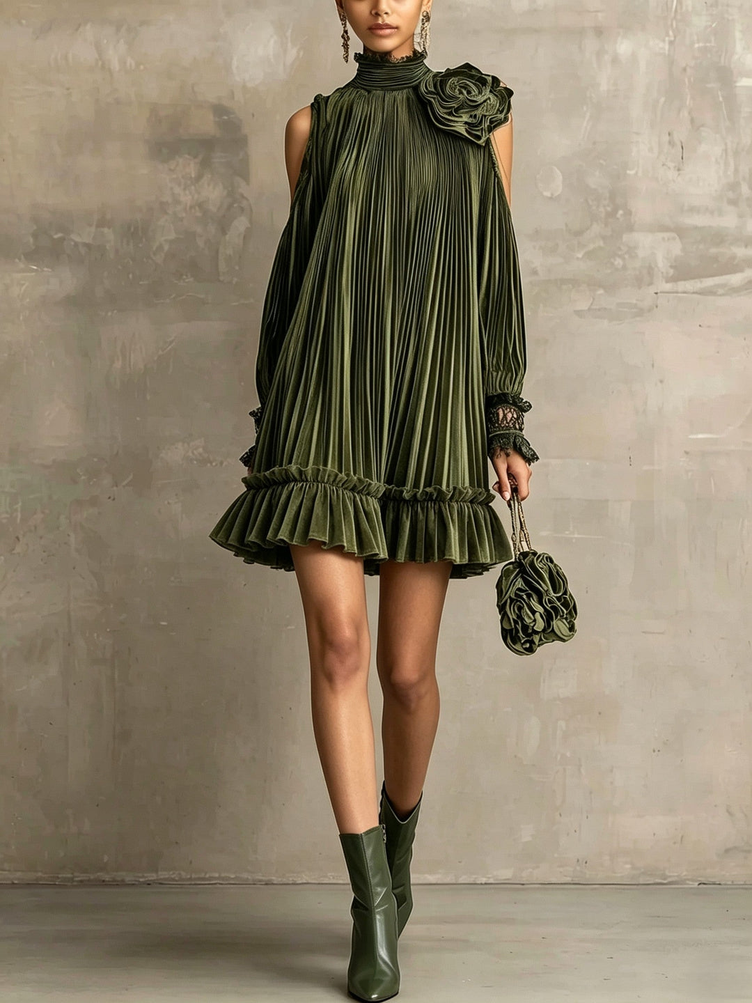 Elegant Olive Green Pleated Mini Dress with High Neck, Ruffle Hem & Rose Detail