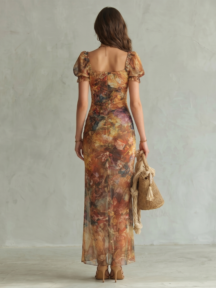 Ciel Ruffled Sleeve Ruched Slit Midi Dress