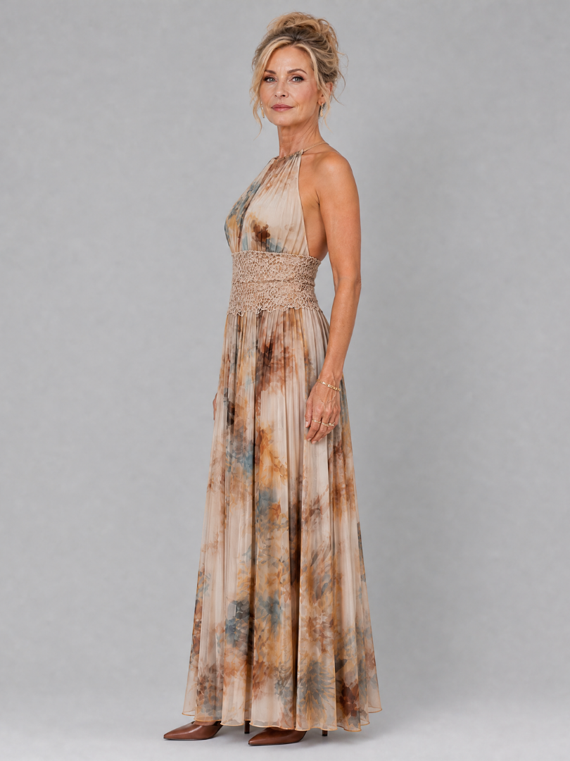 Elavenue Halter Neck Lace Waist Maxi Dress