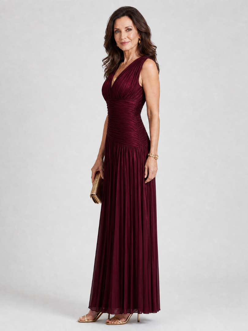 Lemar Sleeveless Pleated V Neck Midi Dress