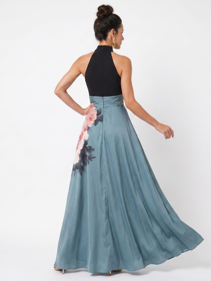 Olympas Halter Bodice Floral Skirt Maxi Dress