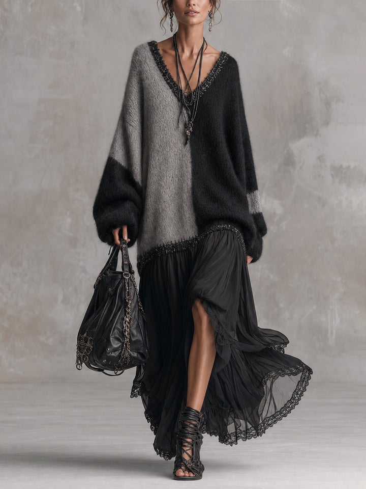 Black And Gray Chiffon Patchwork Oversized Knit Maxi Dress