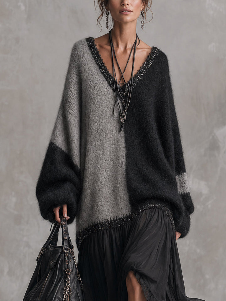 Black And Gray Chiffon Patchwork Oversized Knit Maxi Dress