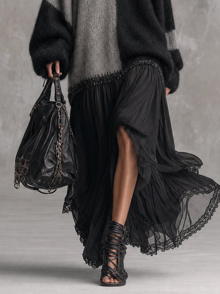 Black And Gray Chiffon Patchwork Oversized Knit Maxi Dress