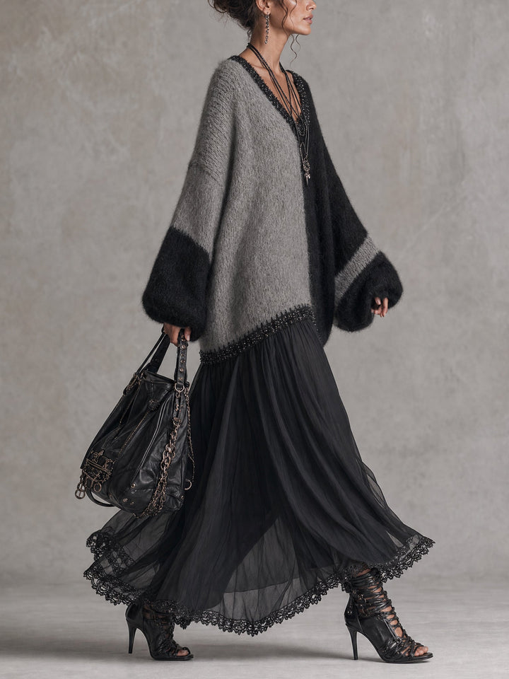 Black And Gray Chiffon Patchwork Oversized Knit Maxi Dress