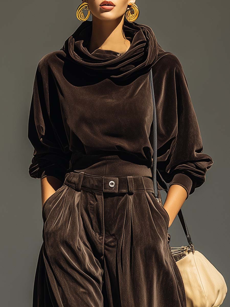 Vintage brown velvet hoodie and loose-fitting trousers set (Includes belt)