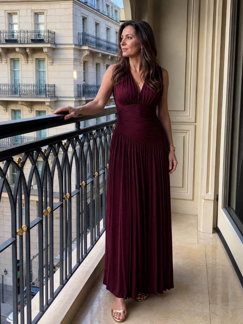 Lemar Sleeveless Pleated V Neck Midi Dress
