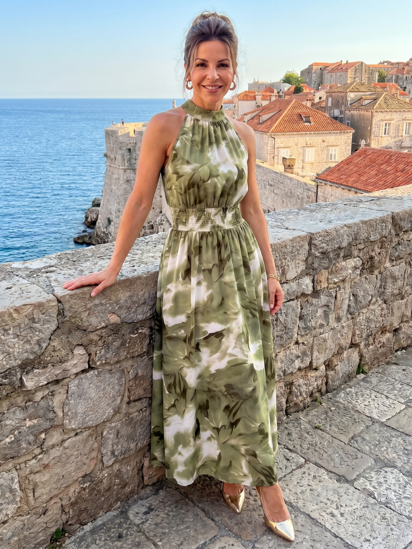 Olivia Gathered Waist Abstract Print Midi Dress