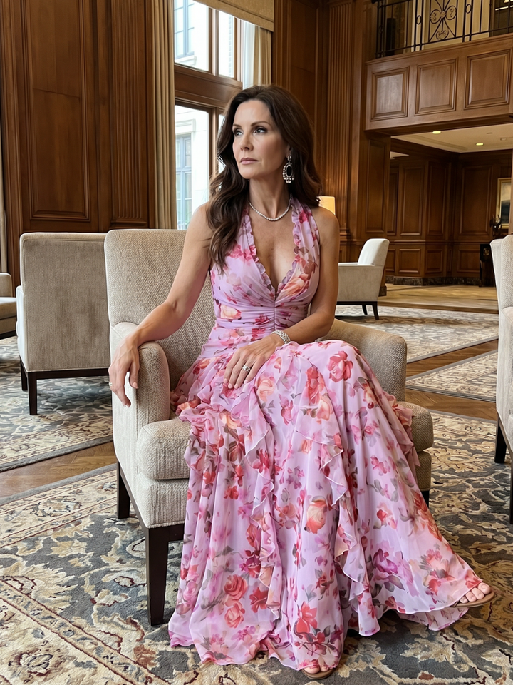 Nori Halter Neck Ruched Bodice Floral Maxi Dress