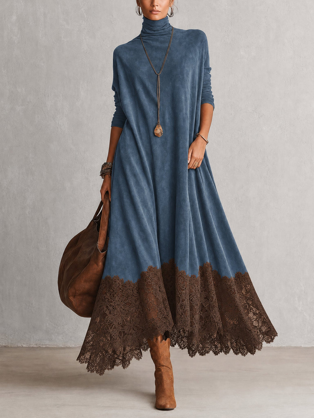 Vintage Brown Suede Feel Long Sleeve Lace Hem Maxi Dress