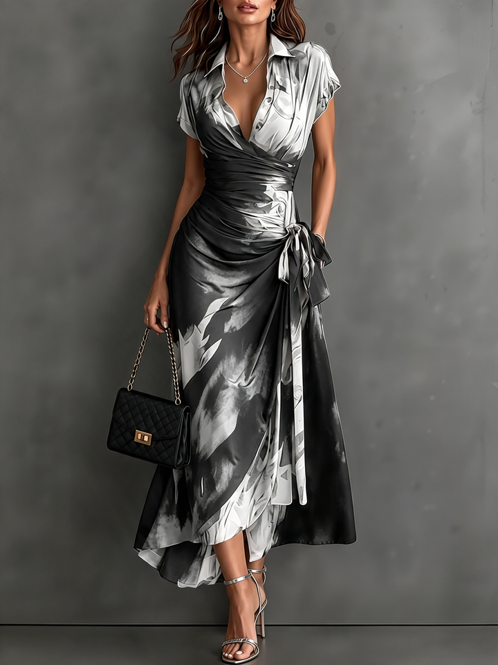Carlotta | Midi Wrap Dress in Abstract Print, Black and White