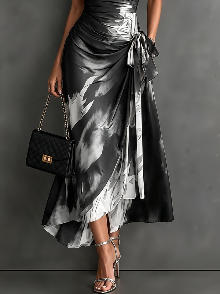 Carlotta | Midi Wrap Dress in Abstract Print, Black and White