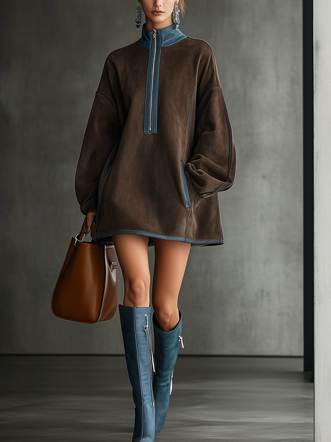 Brown Faux Suede Fleece High-Neck Zip-Up Oversized Mini Dress