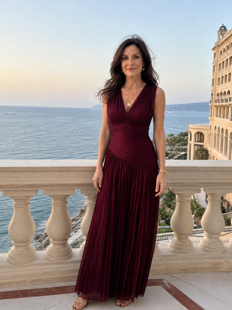 Lemar Sleeveless Pleated V Neck Midi Dress