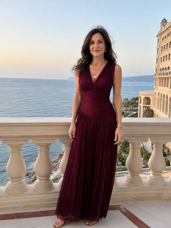 Lemar Sleeveless Pleated V Neck Midi Dress