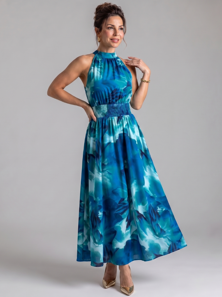 Olivia Gathered Waist Abstract Print Midi Dress
