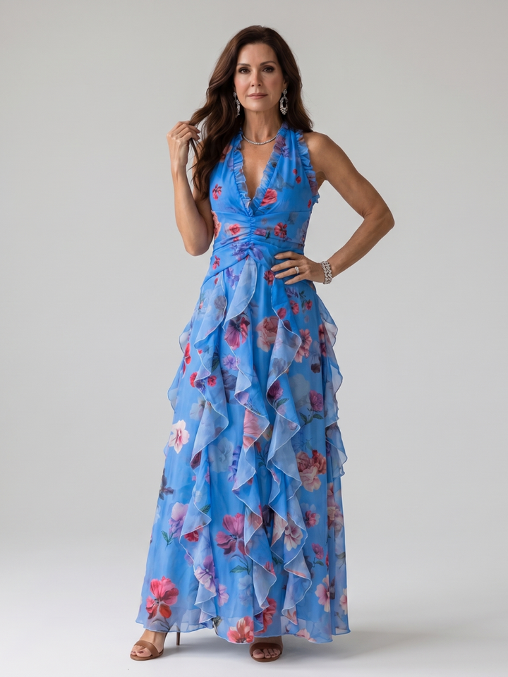 Nori Halter Neck Ruched Bodice Floral Maxi Dress
