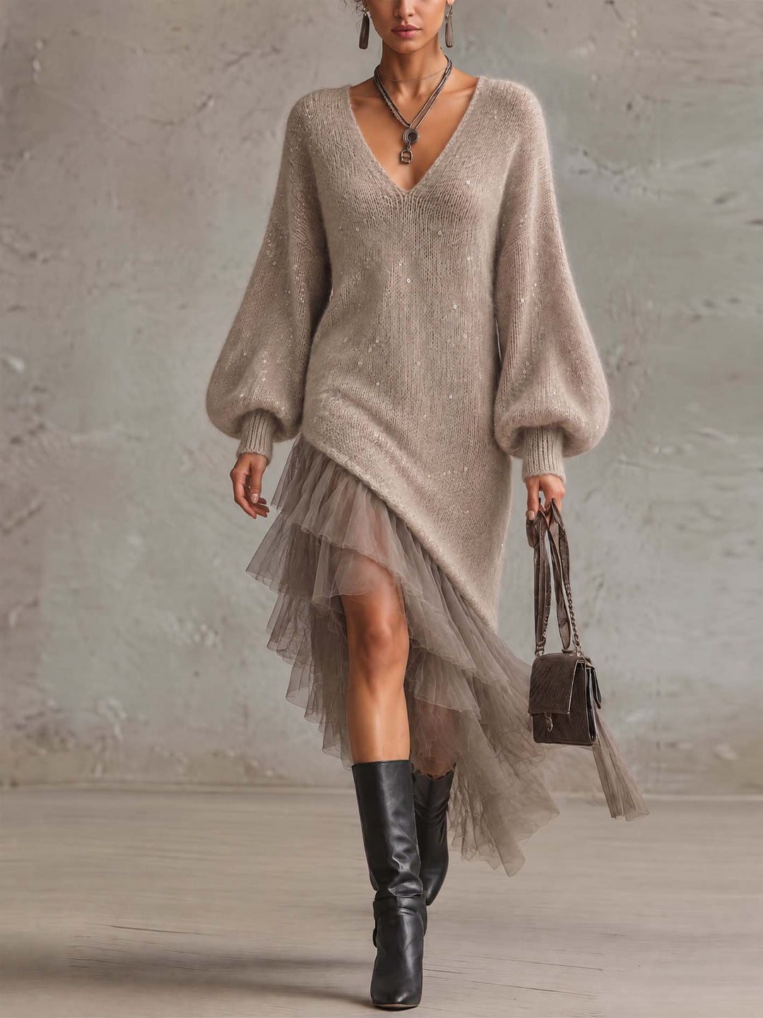 Taupe Sequin Mohair Knit Midi Dress With Sheer Tulle Tiered Ruffle Skirt