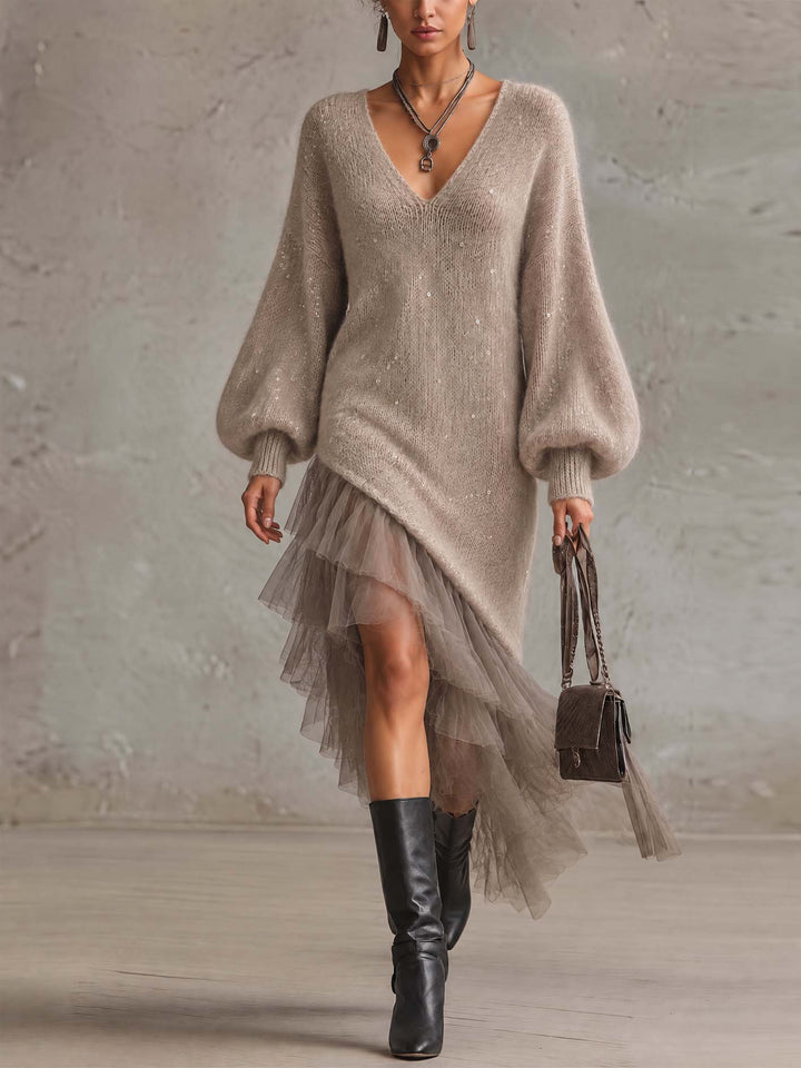 Taupe Sequin Mohair Knit Midi Dress With Sheer Tulle Tiered Ruffle Skirt