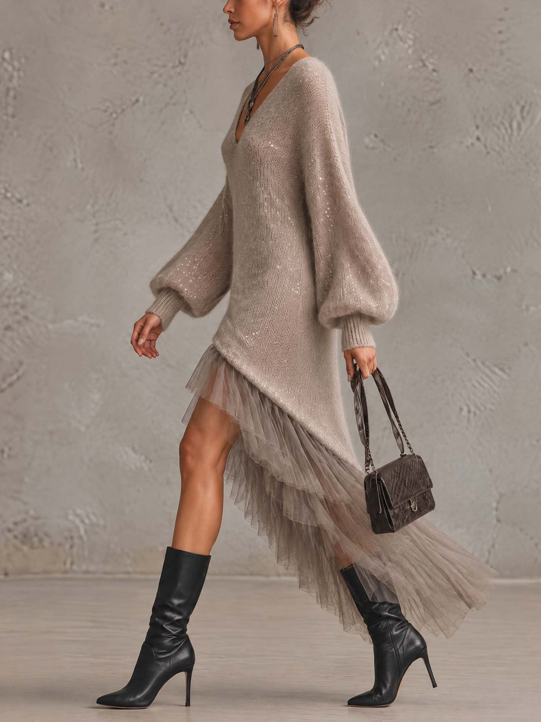 Taupe Sequin Mohair Knit Midi Dress With Sheer Tulle Tiered Ruffle Skirt