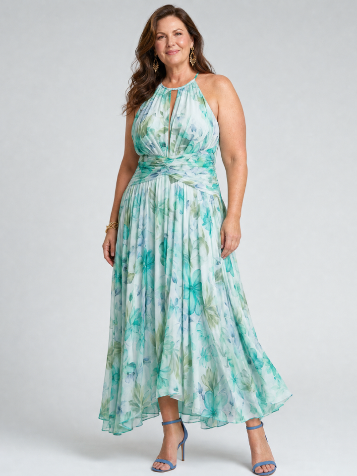 Portia Pleated Halter Soft Floral Pattern Midi Dress