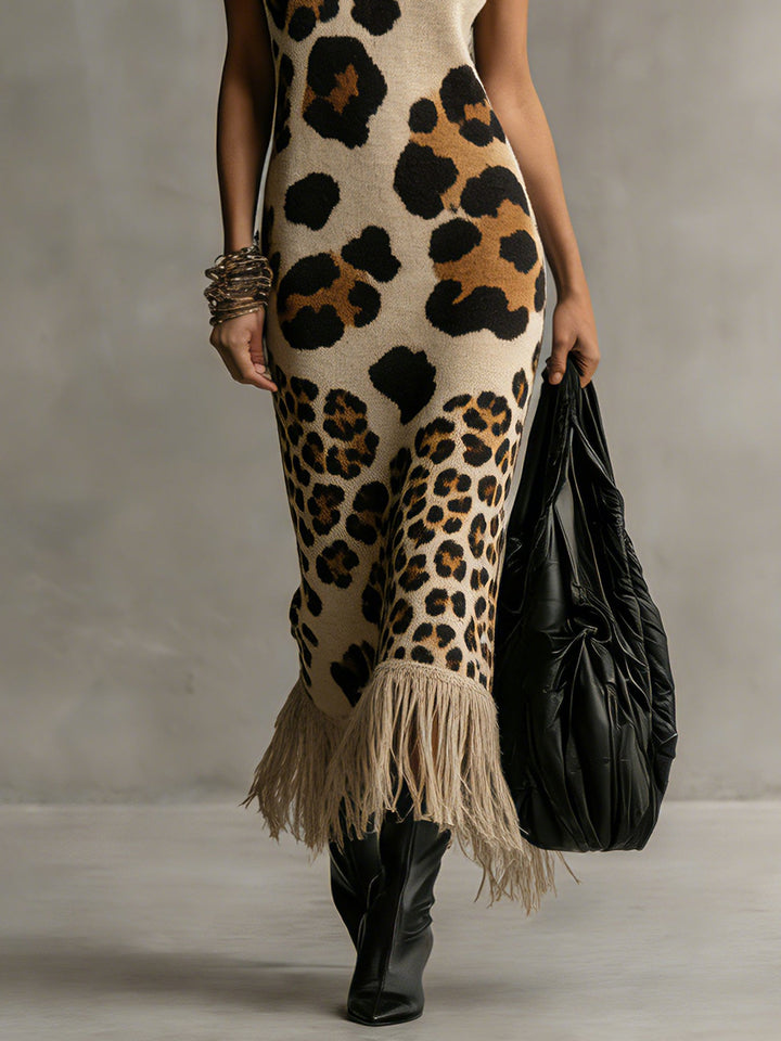 Brown Irregular Leopard Print Knitted Tassel Sleeveless Maxi Dress