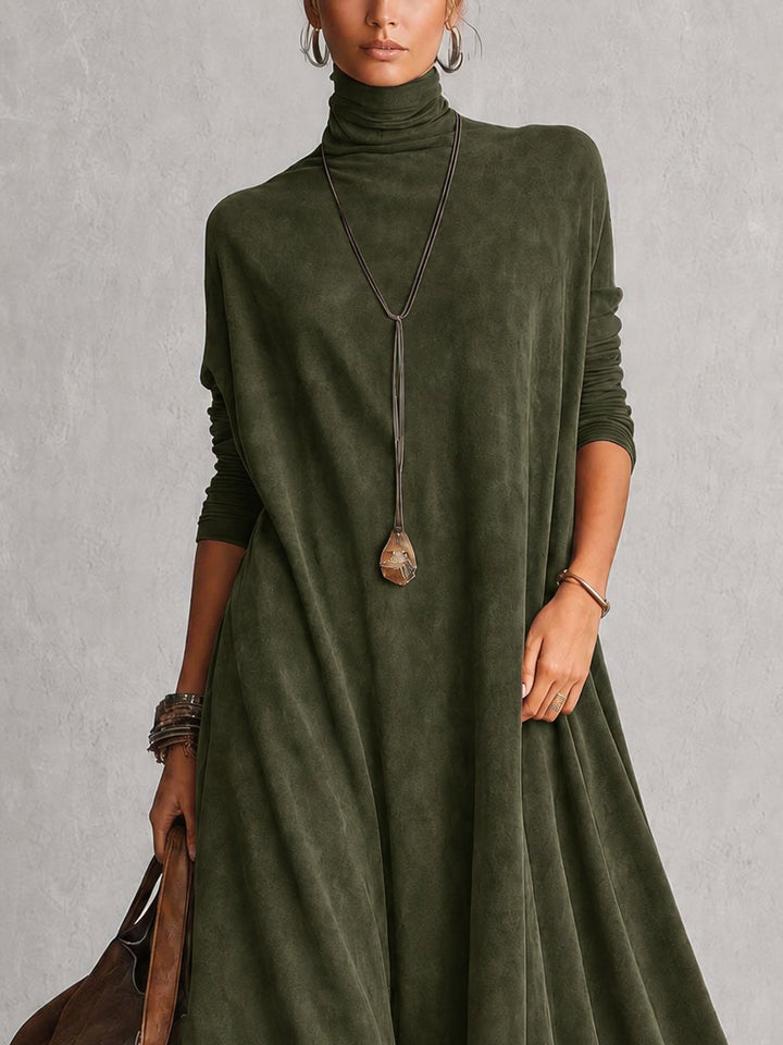 Vintage Brown Suede Feel Long Sleeve Lace Hem Maxi Dress