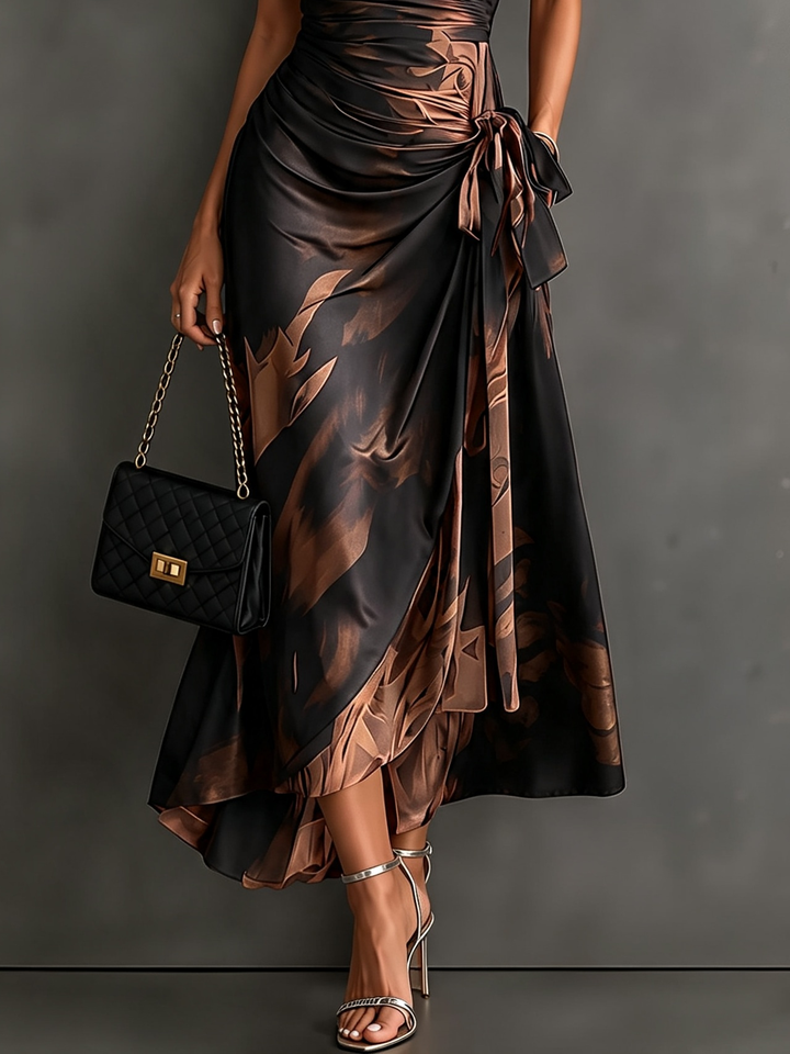 Francesca | Midi Wrap Dress in Abstract Print, Brown